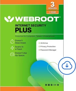 Webroot Internet Security Plus | Antivirus Software 2025 | 3 Device | 1 Year Download for PC/Mac/Chromebook/Android/IOS + Password Manager